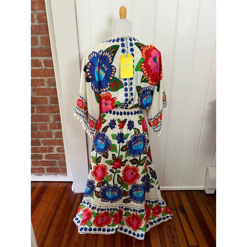 NEW Farm Rio Doce Flor Midi Dress M Floral Tie Front Linen Pom Pom - Picture 8 of 15